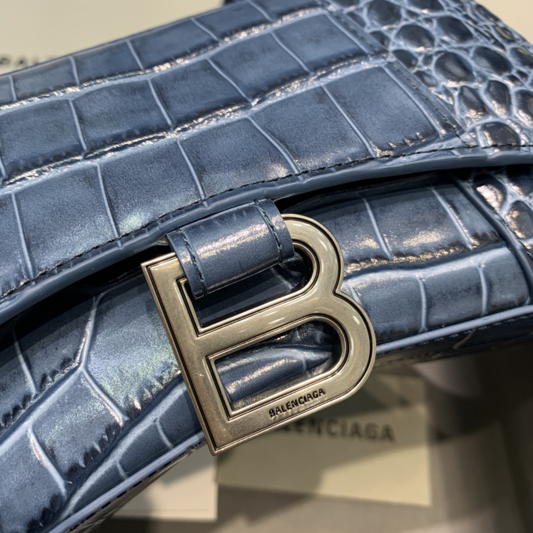 Balenciaga Hourglass XS Handbag Crocodile Embossed Shoulder Bag Gray Blue